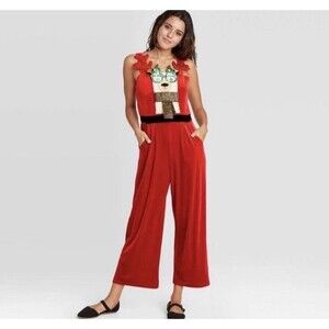Womens Red Velvet Reindeer Christmas Jumpsuit Size XL Overalls Festive Novelty